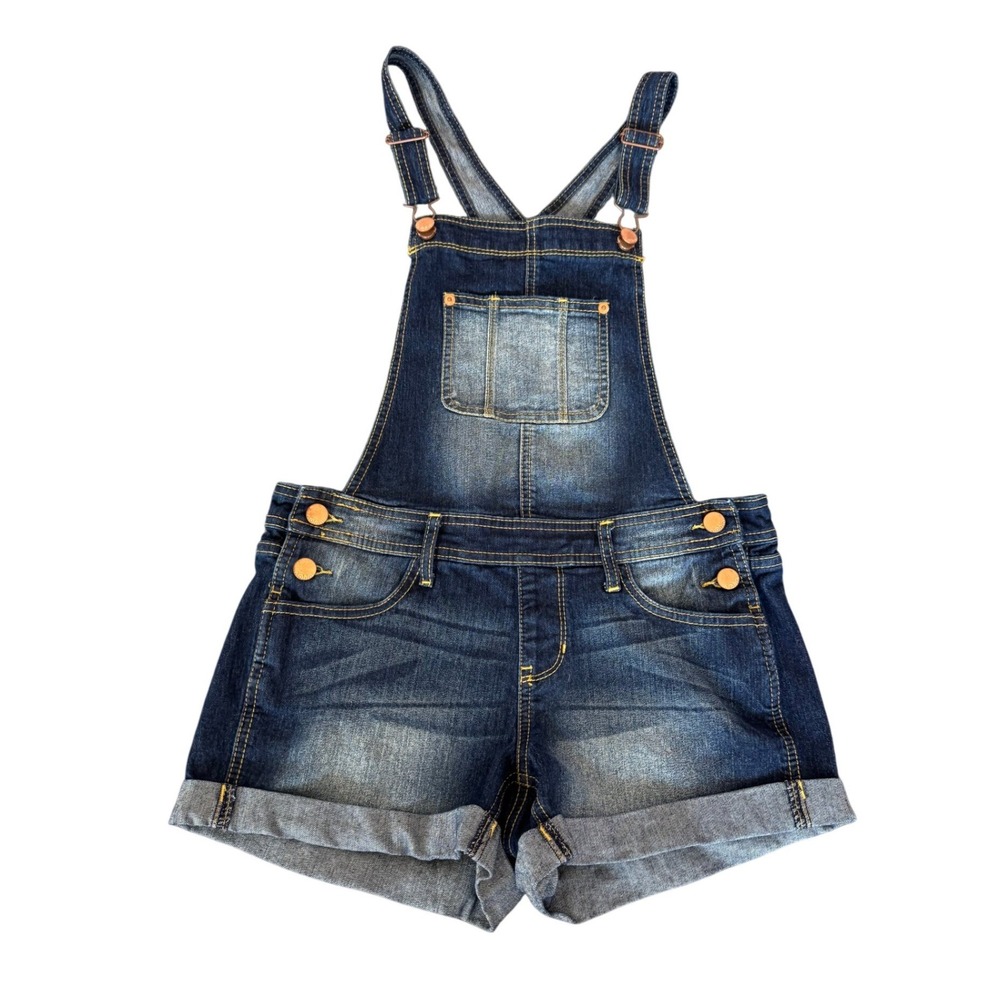 No Boundaries Womens Dark Wash Denim Shortalls Cuffed Bib Overalls XS 1‎ Stretch